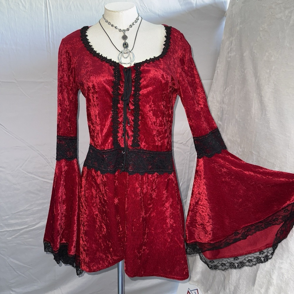 Lip Service Dress Women Large Velvet Lace Goth Renaissance Witch Vampy 90s Bell - Picture 2 of 15